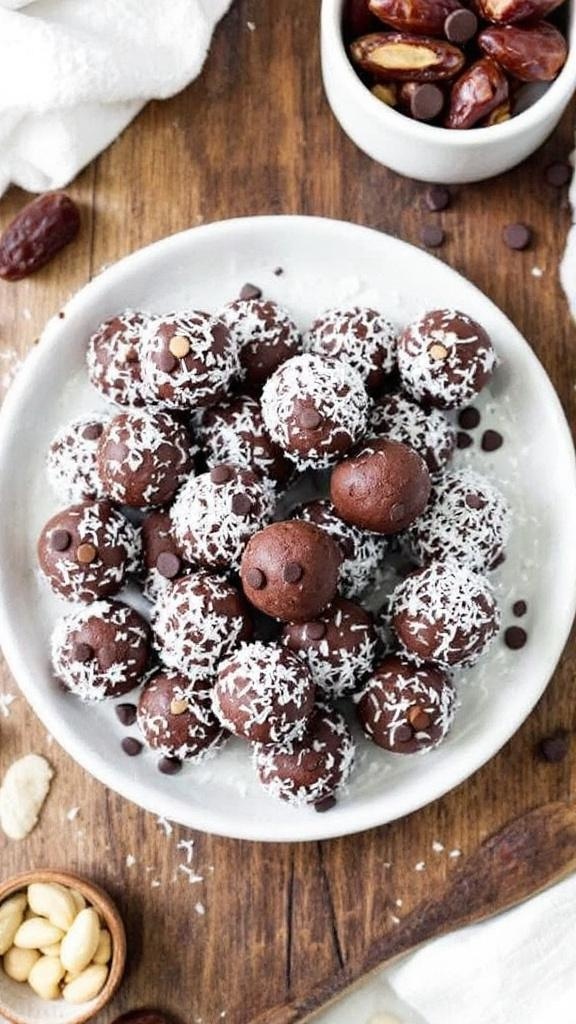 Easy Healthy No-Bake Brownie Bites Recipe A plate of no-bake brownie bites rolled in coconut and topped with chocolate chips, on a rustic wooden table.