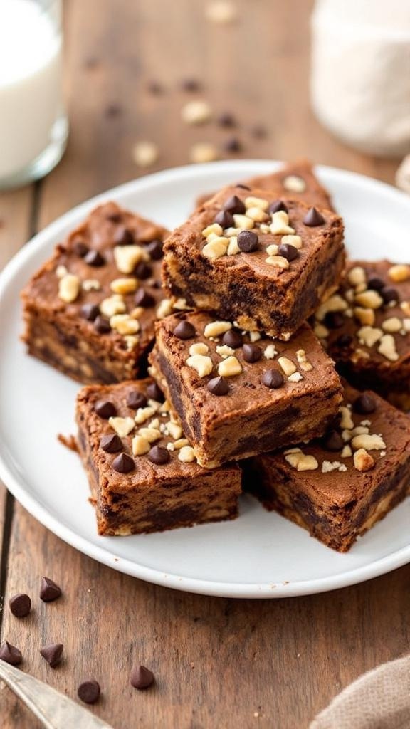 A plate of healthy peanut butter brownies topped with nuts and chocolate chips, served with a glass of milk.