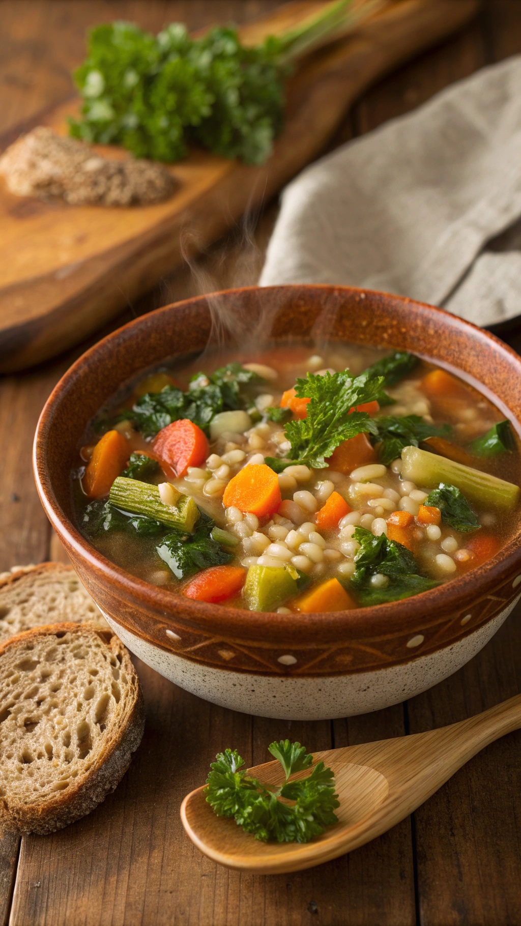 A bowl of vegetable barley soup with carrots, celery, kale, and barley, garnished with parsley, on a rustic wooden table with bread.