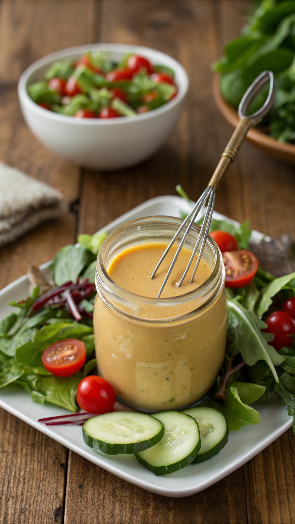 A jar of honey mustard dressing with salad ingredients on a wooden table.