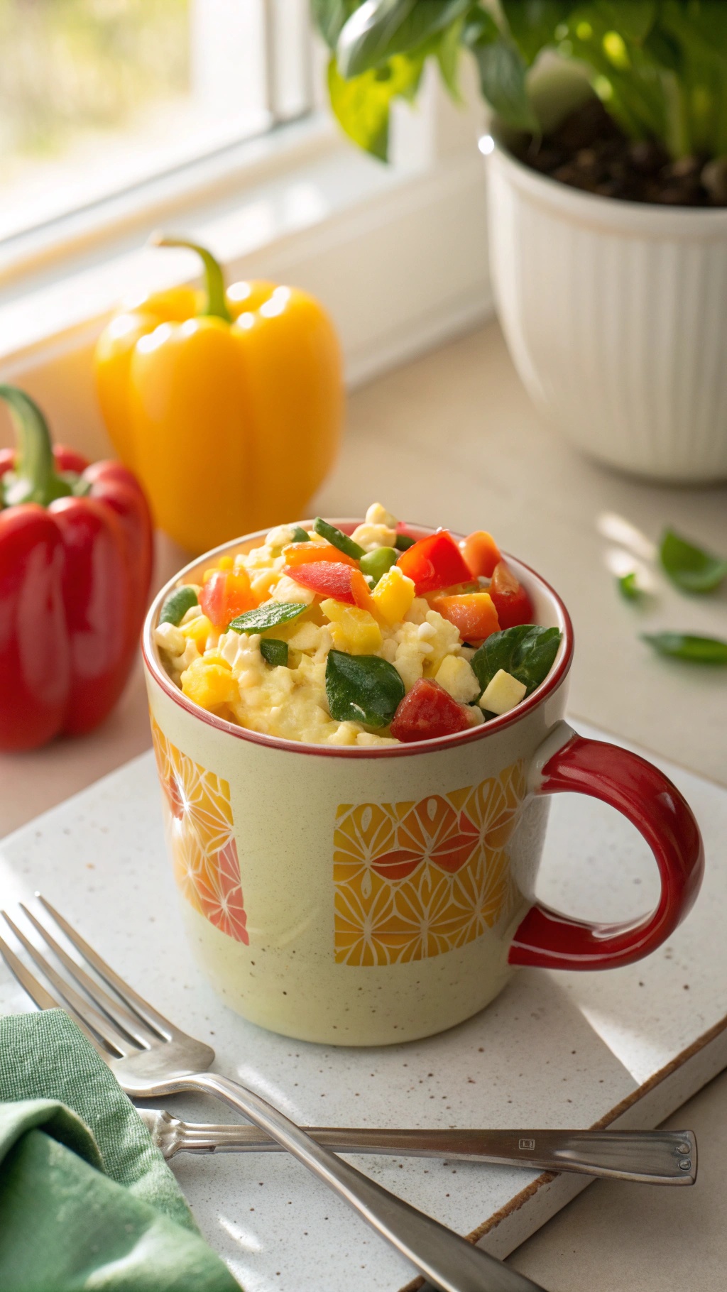 Microwave Veggie Egg Mug Recipe A microwave egg mug with scrambled eggs and vegetables, on a kitchen counter with a fork.