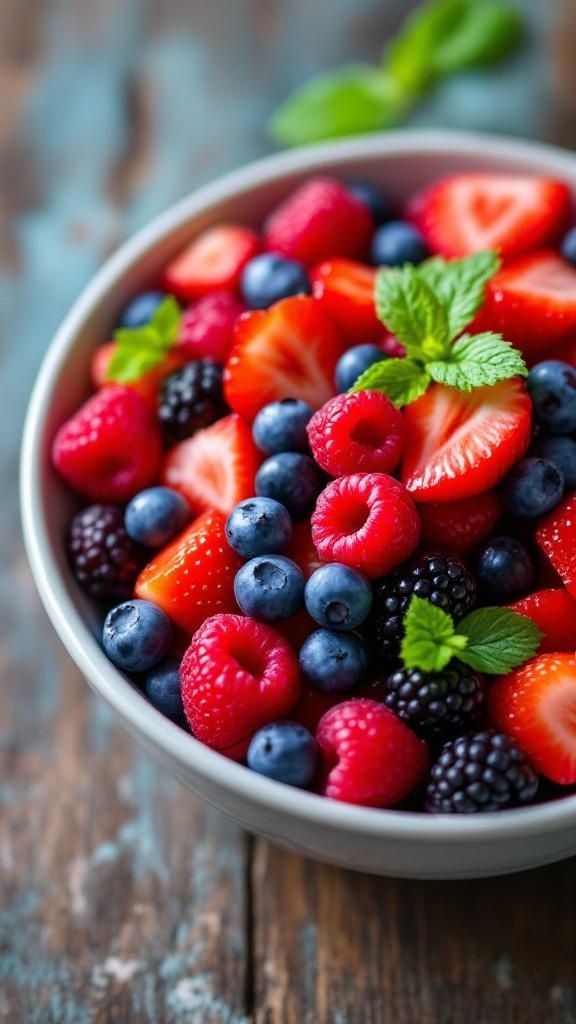 A bowl of mixed berry fruit salad with strawberries, blueberries, raspberries, and blackberries, garnished with mint leaves.