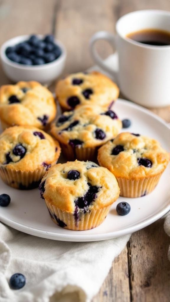 Freshly baked low carb blueberry muffins on a plate with blueberries on a wooden table.