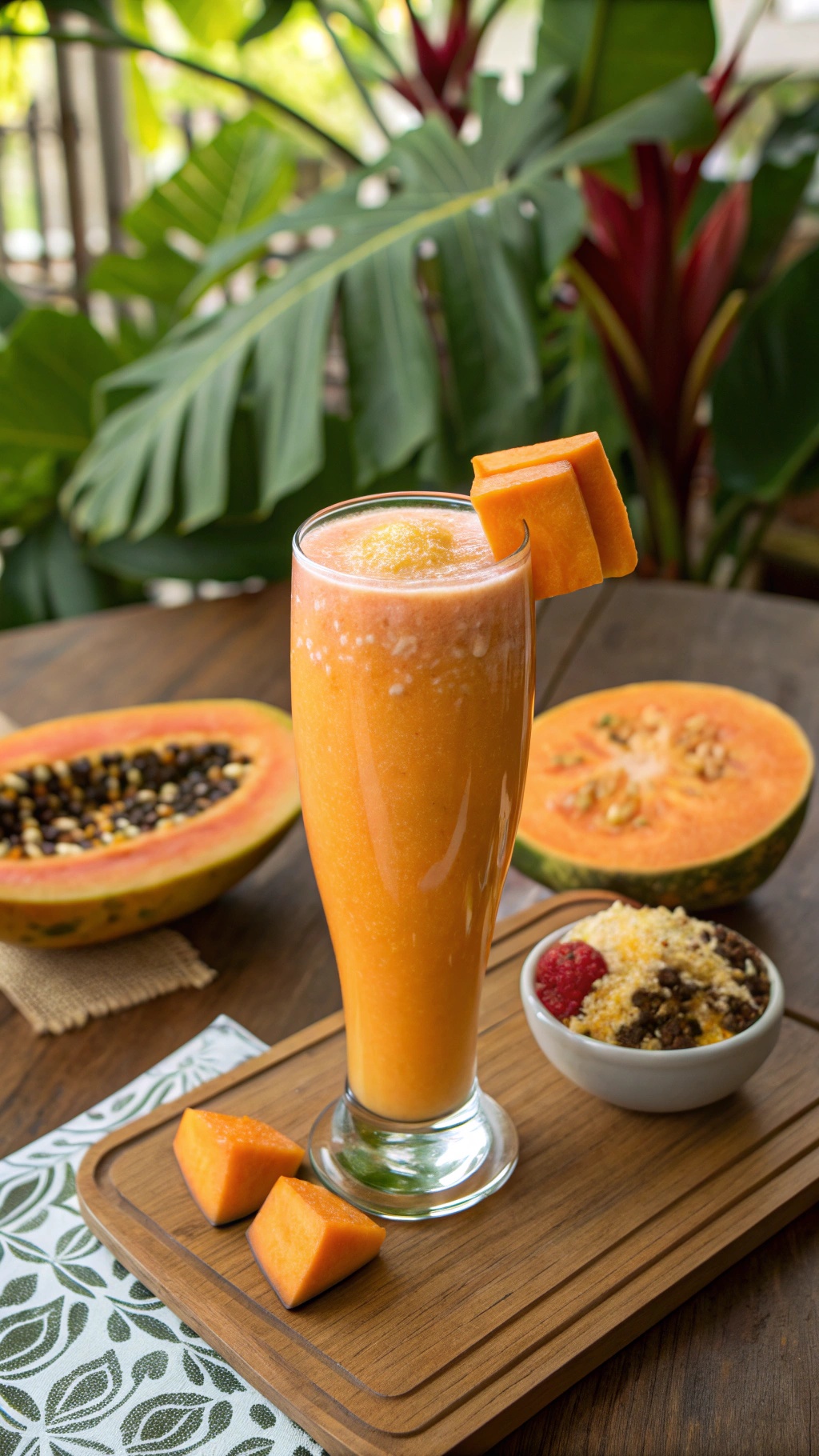 A tall glass of papaya ginger smoothie garnished with papaya slice and ginger, set against a tropical backdrop.
