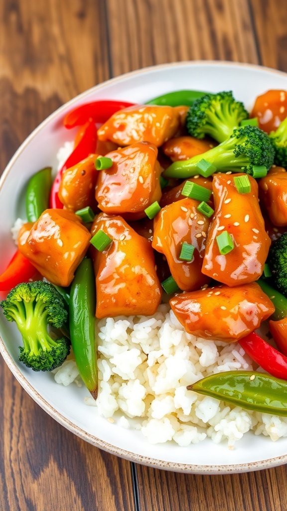 Honey garlic chicken stir-fry with colorful vegetables served over rice, garnished with sesame seeds and green onions.