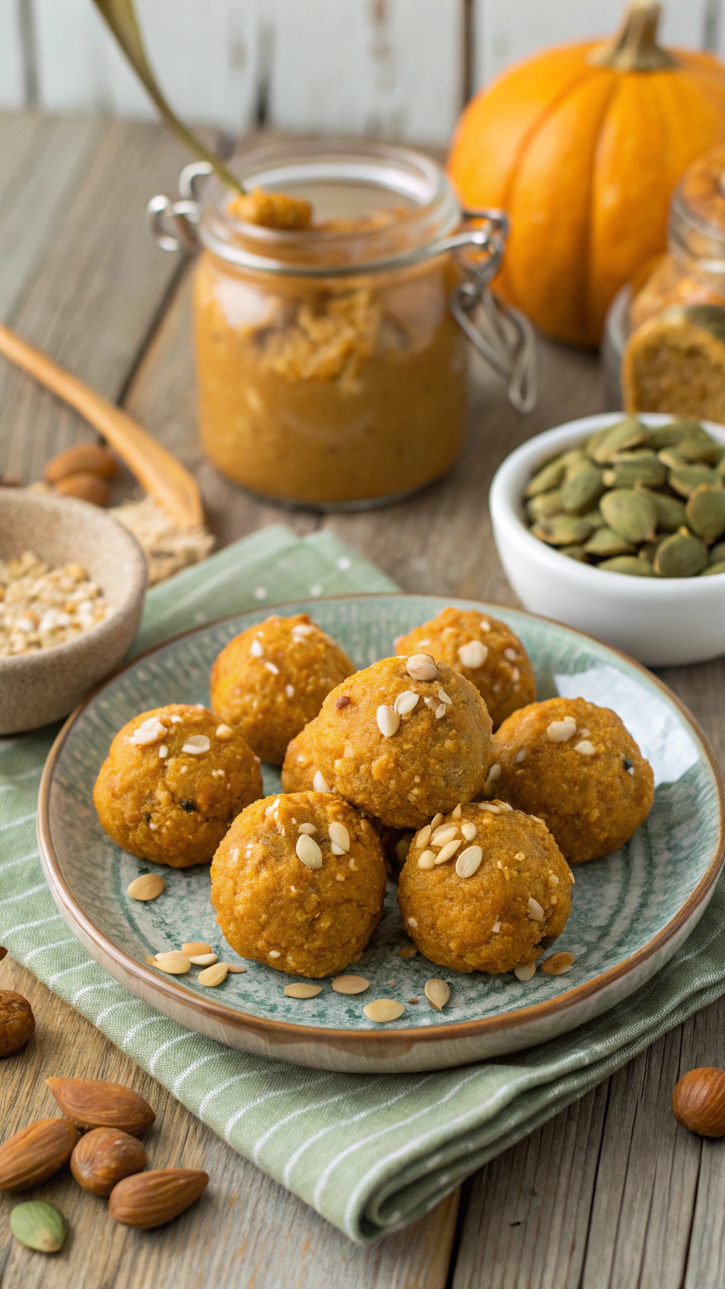 Nutty pumpkin almond butter energy balls on a plate, surrounded by nuts and almond butter.