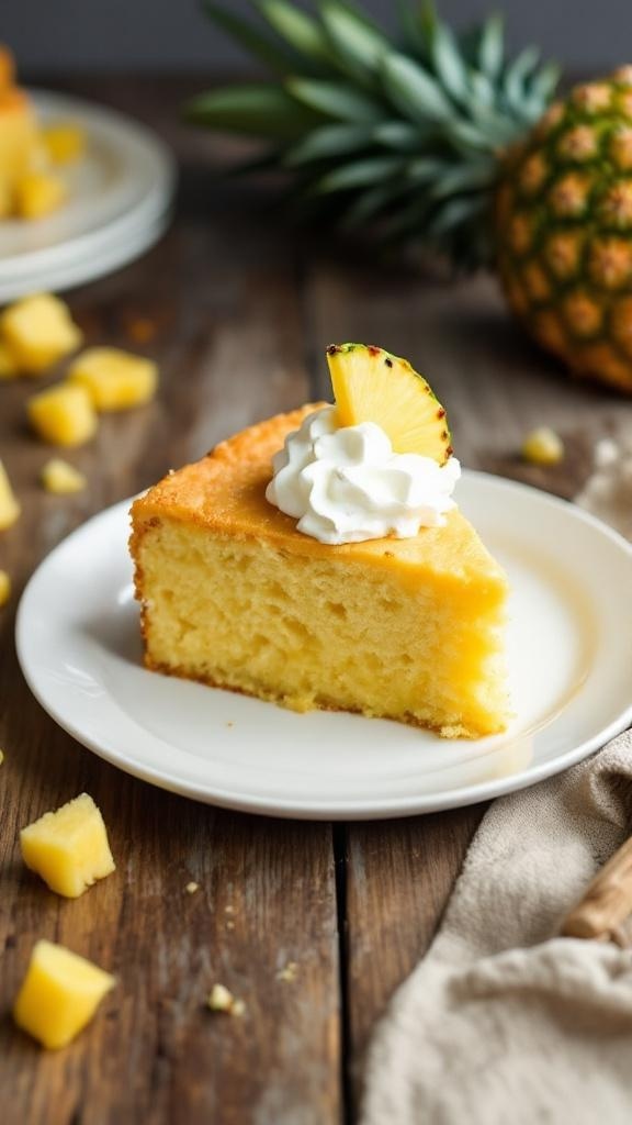 A slice of pineapple cake with whipped cream and fresh pineapple on a rustic table.