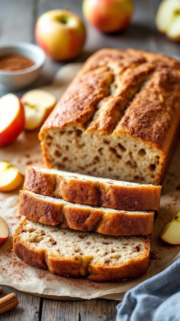 Sliced cinnamon apple bread with chunks of apple, on a wooden table with apples and cinnamon.