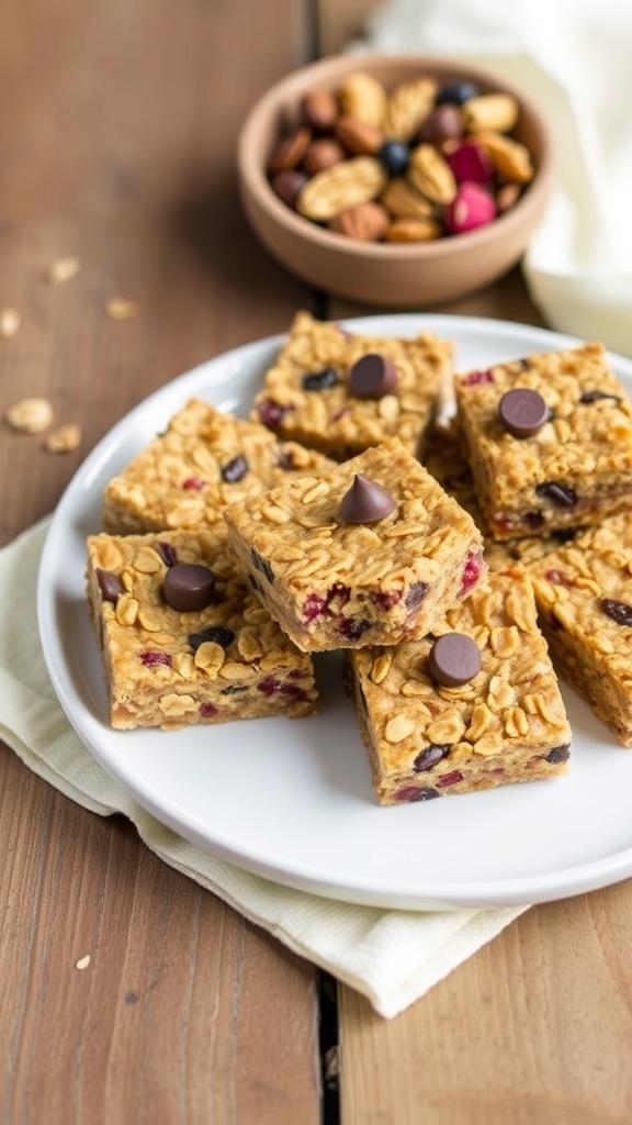 A plate of no-bake granola bars made with oats, nuts, and dried fruits, on a rustic wooden table.