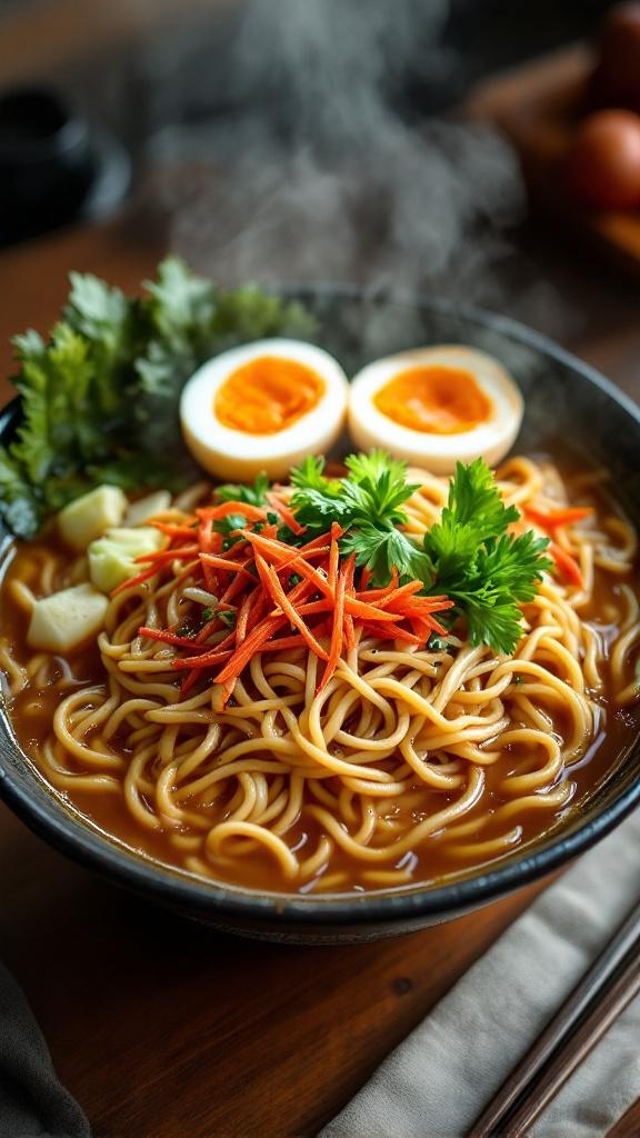A bowl of ramen noodles in broth with vegetables and a boiled egg, served with chopsticks.