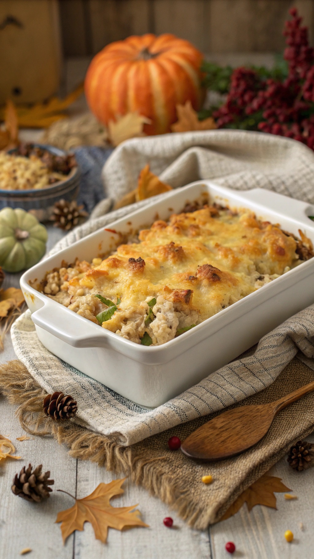 A baked turkey and rice casserole in a white dish, surrounded by autumn decorations.