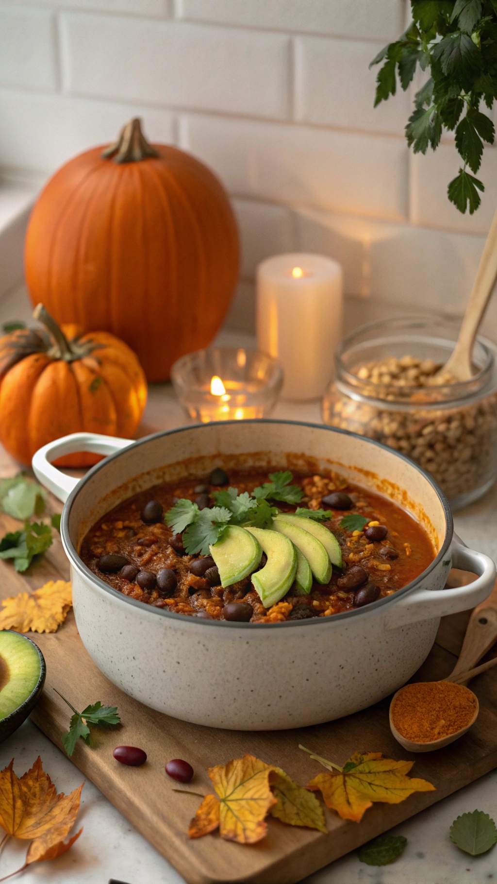 A cozy bowl of pumpkin chili garnished with avocado and cilantro, surrounded by autumn decorations.