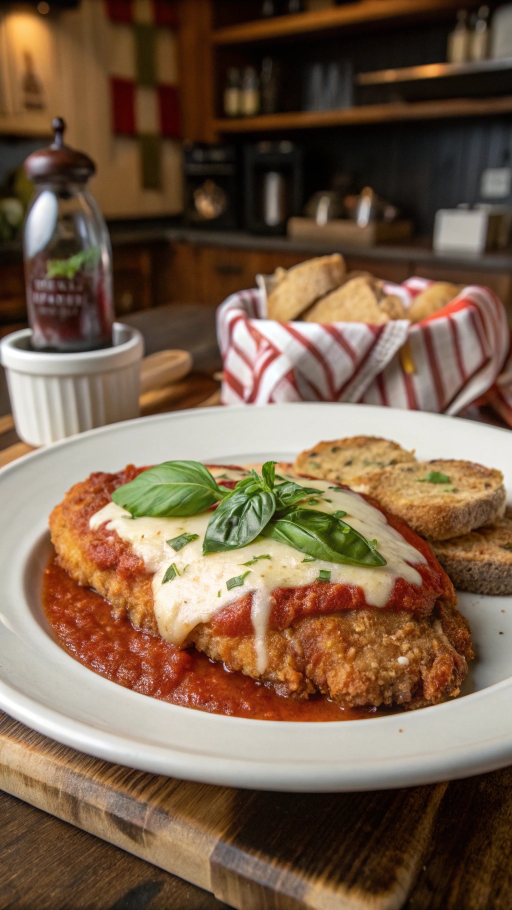 A plate of Chicken Parmesan with marinara sauce and fresh basil, served with toasted bread.