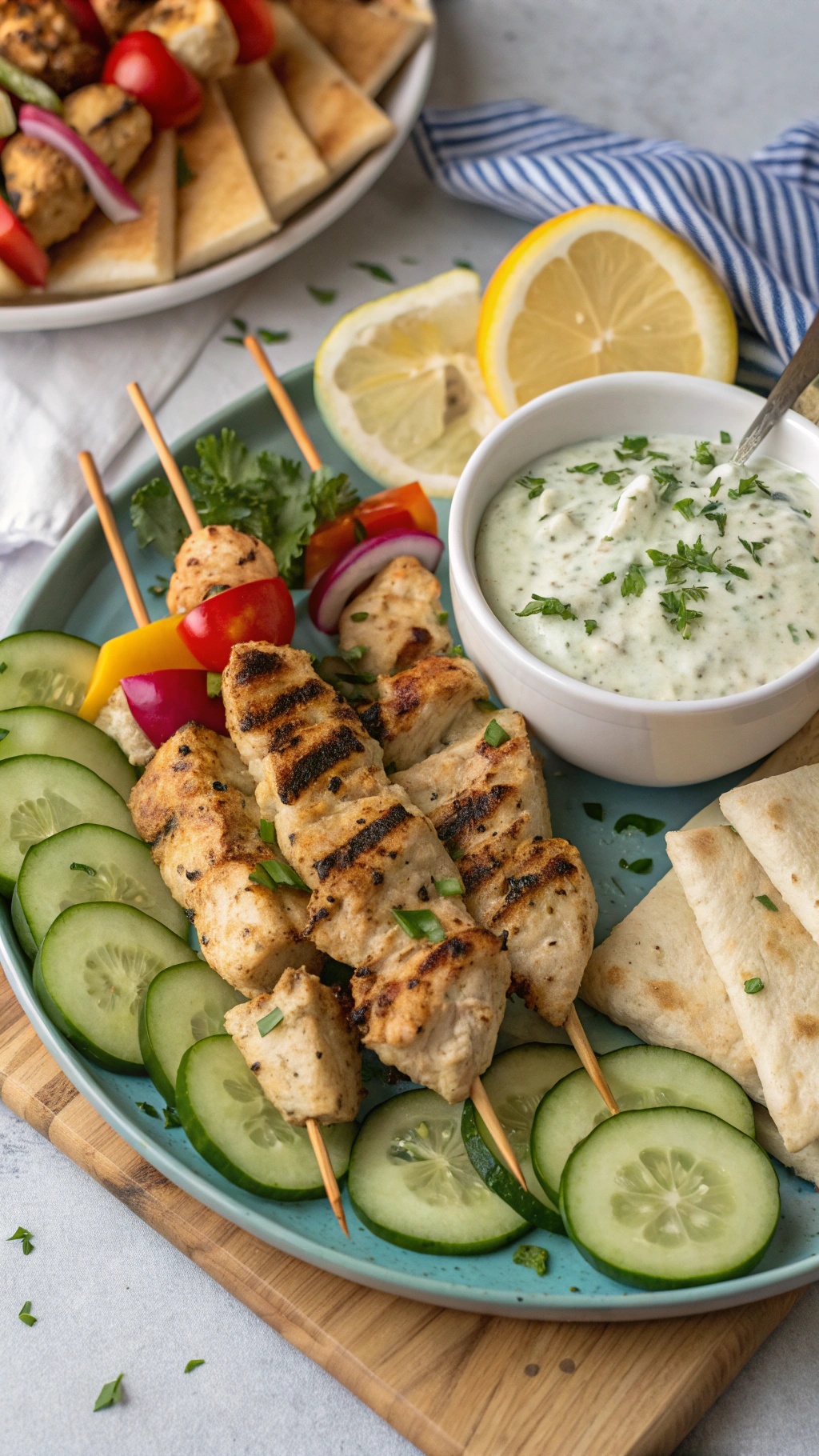 A plate of chicken souvlaki with tzatziki sauce, pita bread, and fresh vegetables, set against a scenic Mediterranean backdrop.