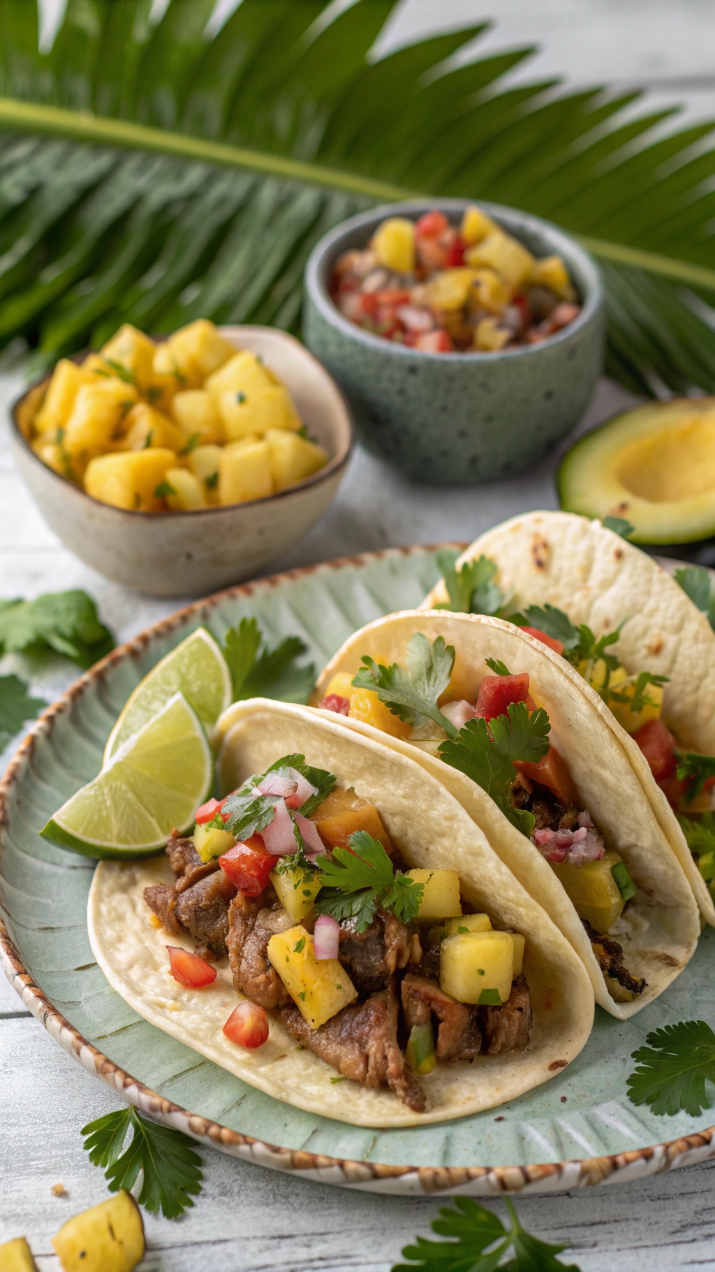 Delicious pineapple pork tacos served on a plate with fresh toppings and lime wedges.