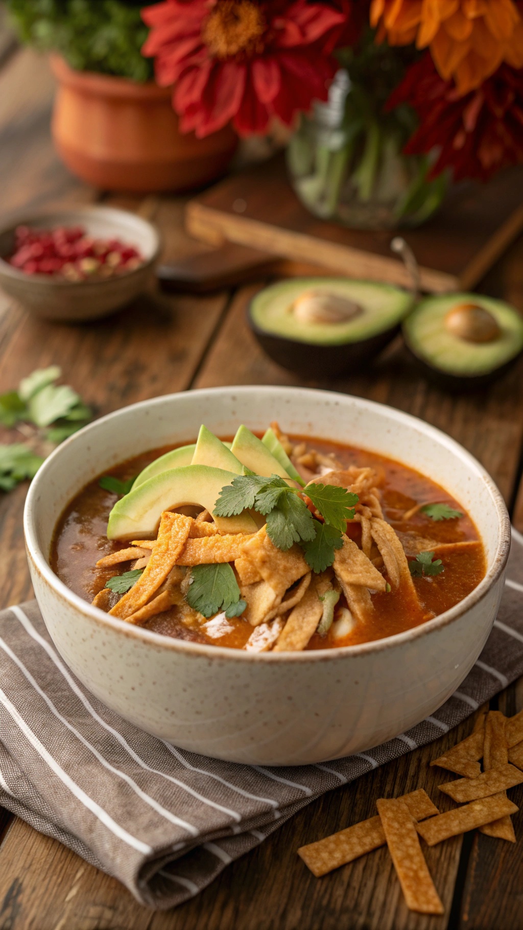 A bowl of chicken tortilla soup topped with avocado slices, cilantro, and crispy tortilla strips.