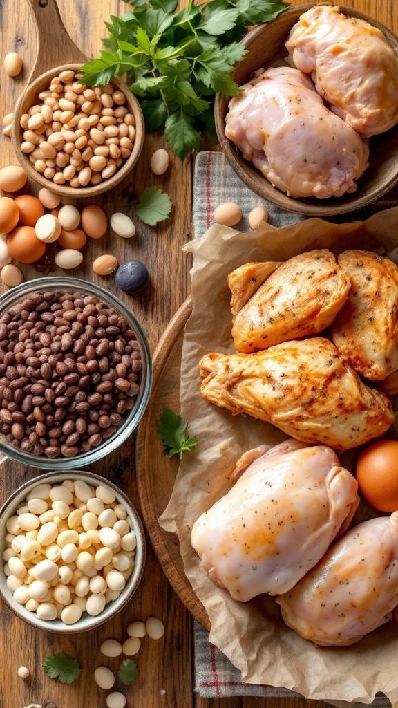 A variety of affordable protein sources including chicken, eggs, and beans on a wooden table.