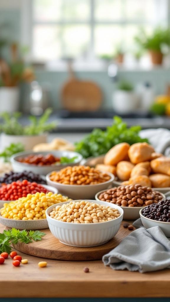A variety of legumes and grains displayed in bowls on a kitchen counter, showcasing affordable protein sources for muscle growth.