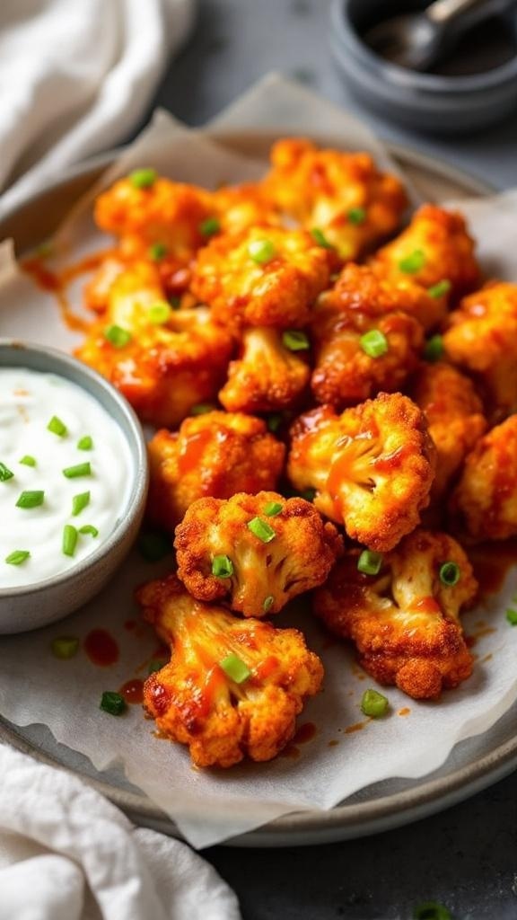 Crispy air fryer cauliflower wings with spicy sauce and green onions, served with a creamy dipping sauce.