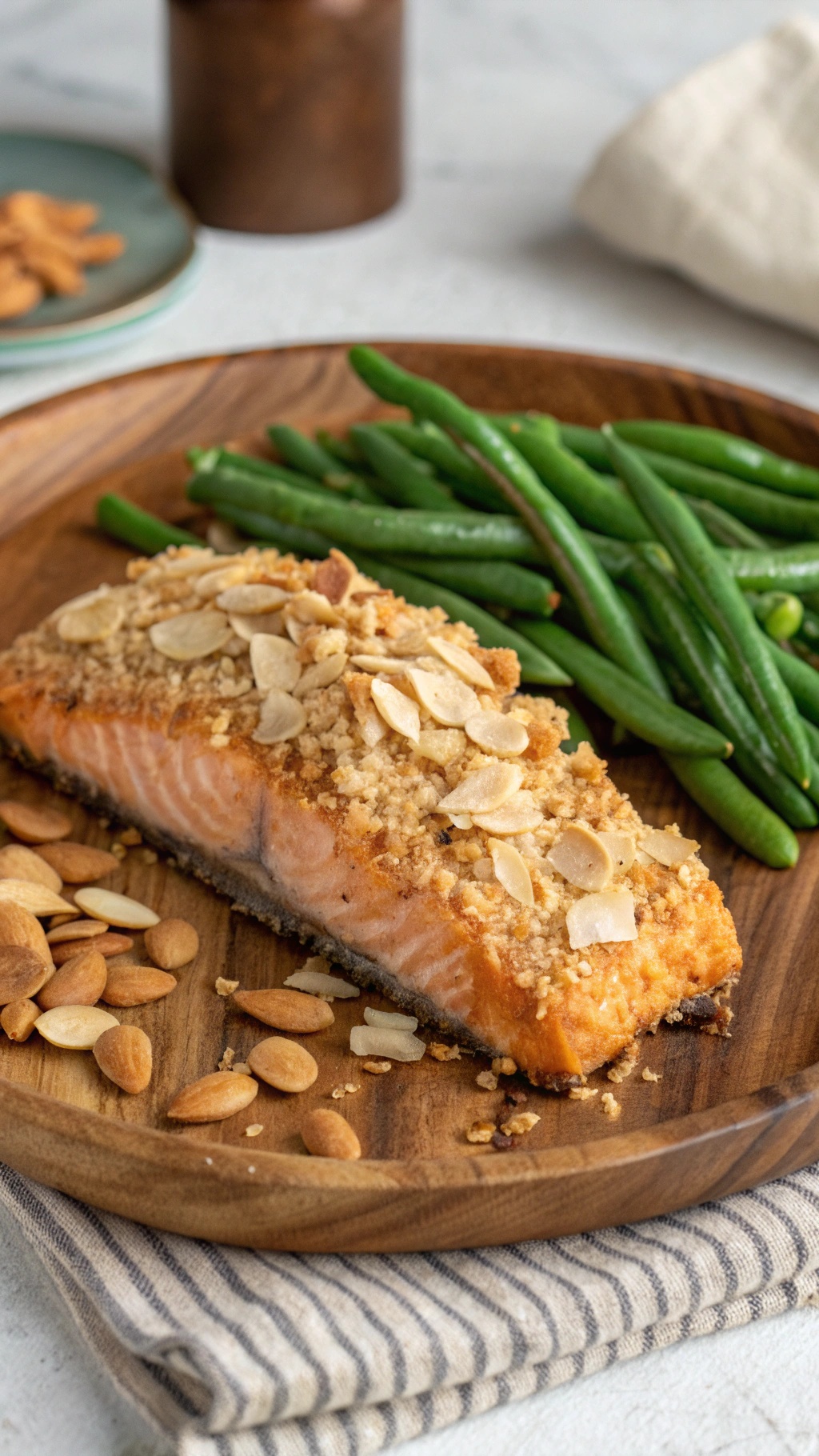 Almond-crusted salmon fillet with green beans on a wooden plate