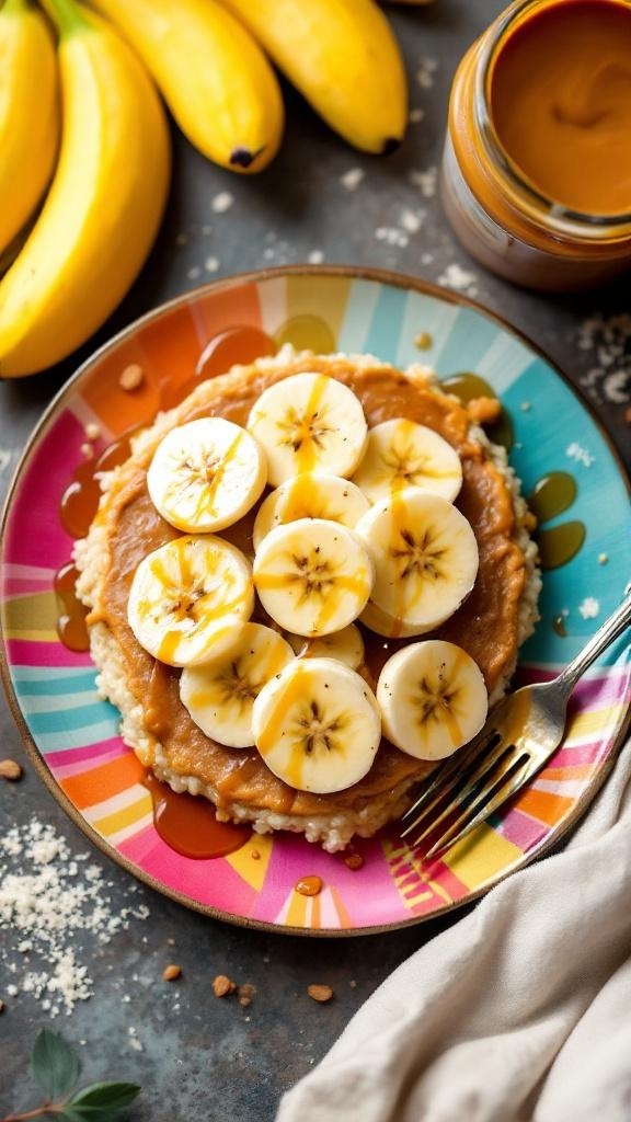 Rice cakes topped with almond butter and banana slices on a colorful plate
