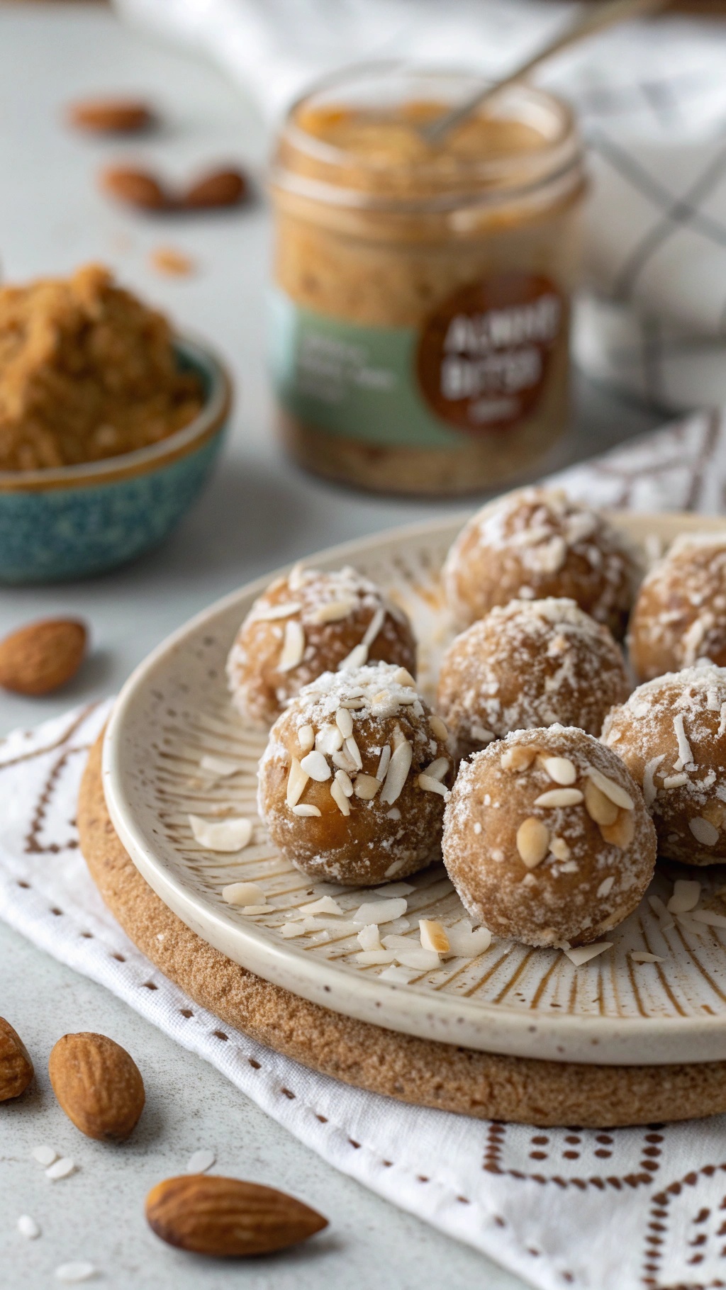 A plate of almond butter energy balls topped with coconut and almonds, with a jar of almond butter in the background.