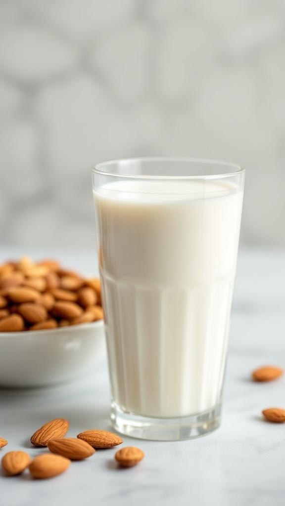 A glass of almond milk next to a bowl of whole almonds on a marble surface.