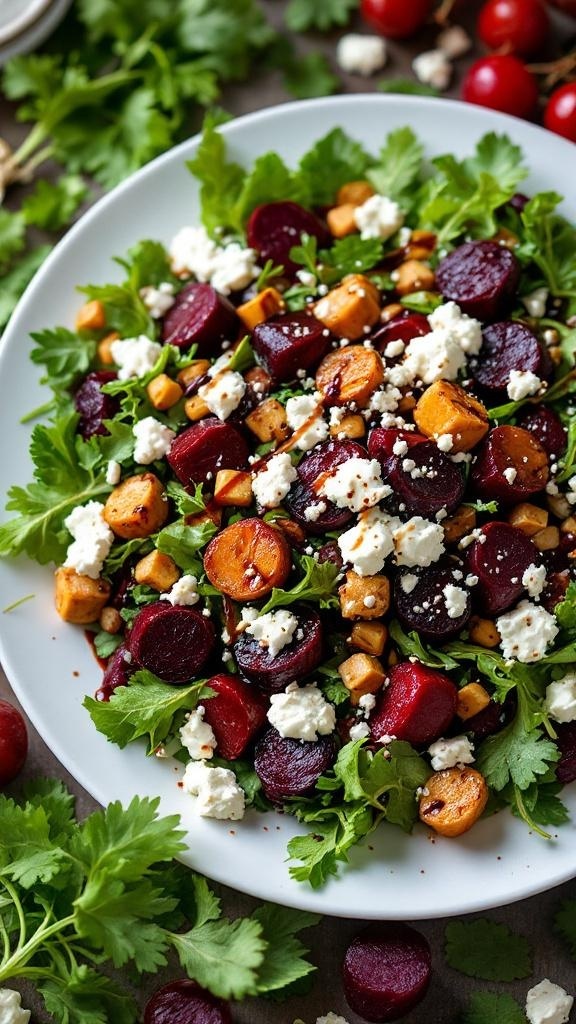 A colorful salad featuring roasted beets, goat cheese, and mixed greens, garnished with walnuts.