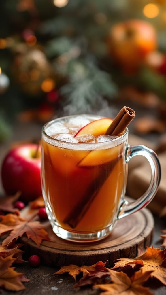 A warm apple cider mocktail with a cinnamon stick and apple slices, surrounded by autumn leaves and holiday decorations.