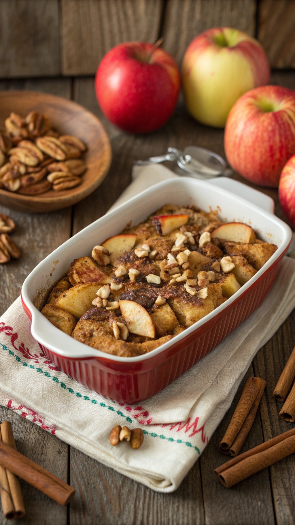A delicious apple cinnamon breakfast casserole topped with nuts, surrounded by fresh apples and cinnamon sticks.