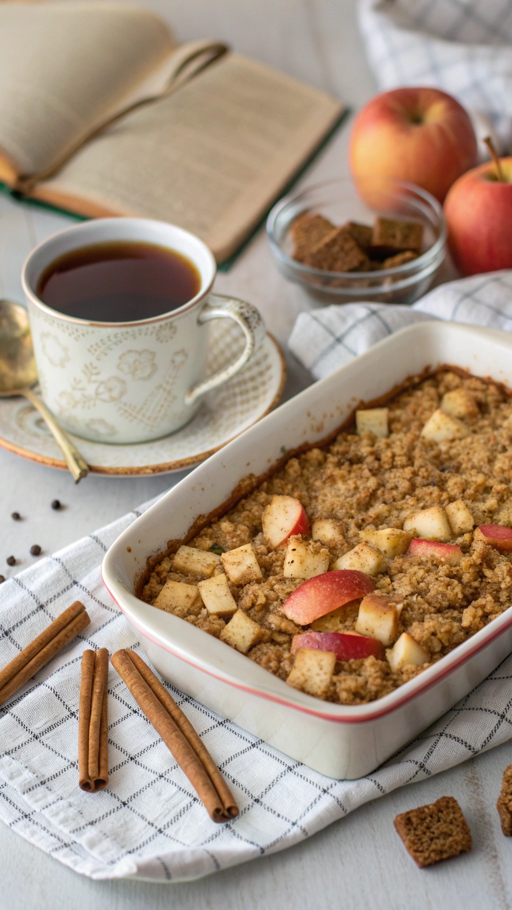 A delicious apple cinnamon oatmeal casserole served in a baking dish with a cup of tea and fresh apples on the side.