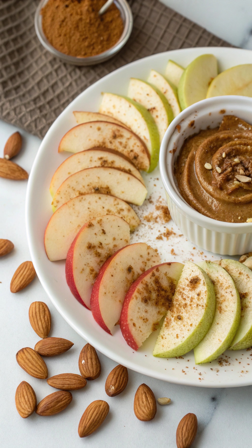 A plate of apple slices arranged with almond butter and sprinkled with cinnamon.