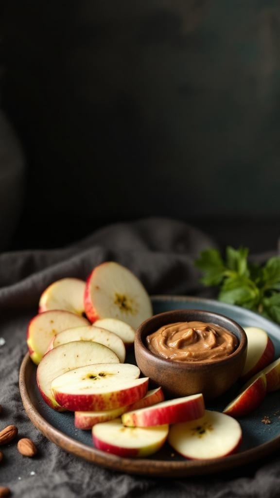 A plate of sliced apples with a bowl of almond butter