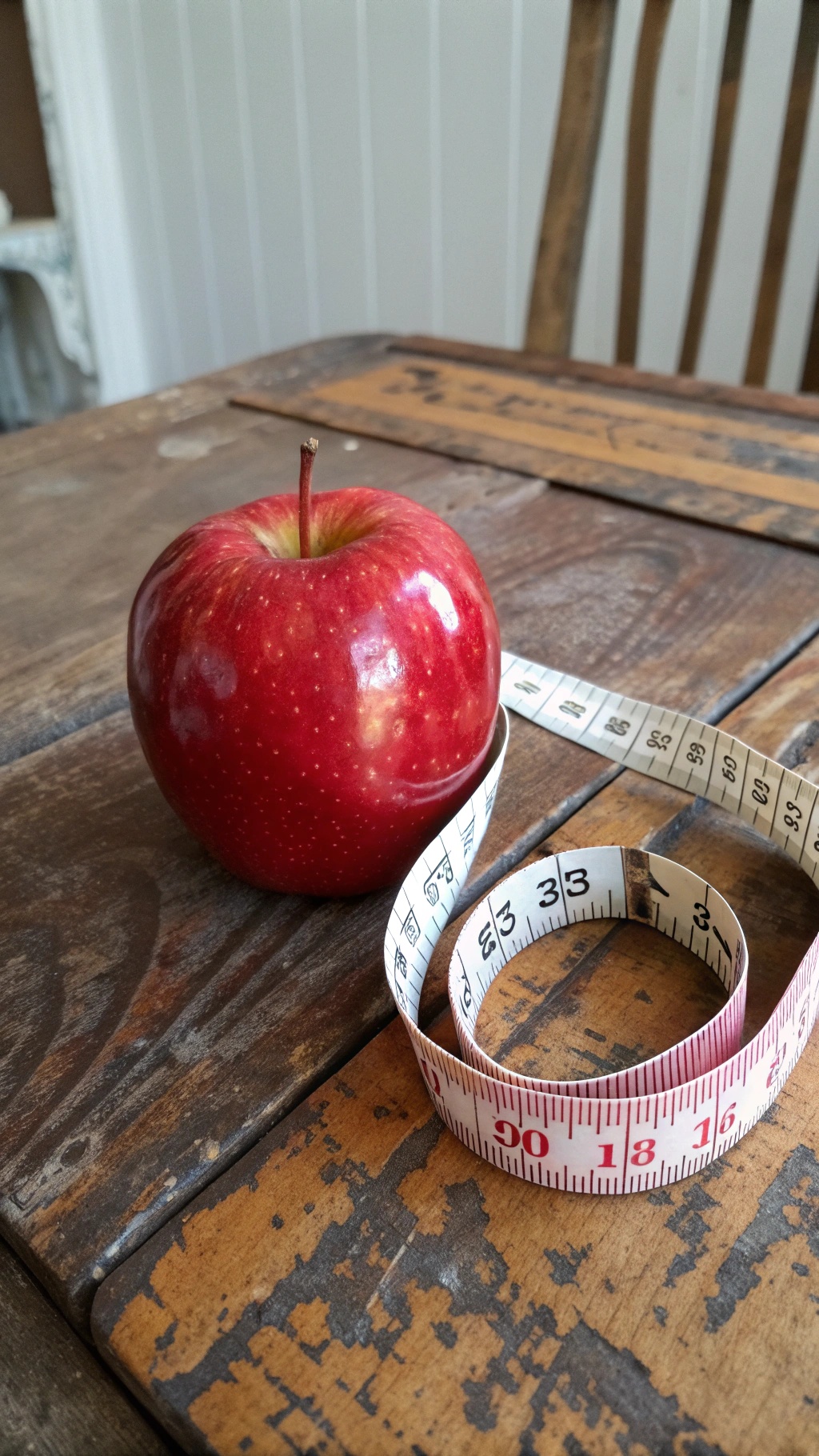 A shiny red apple on a wooden table with a measuring tape beside it.
