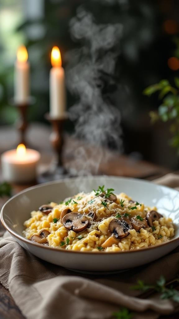 A bowl of artichoke and mushroom risotto garnished with herbs and cheese, with candles in the background.