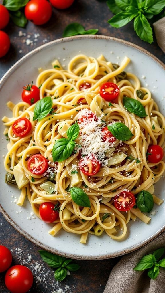 A delicious plate of artichoke and tomato pasta garnished with basil and Parmesan cheese.
