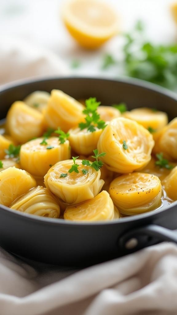 Artichoke hearts in lemon butter sauce garnished with parsley