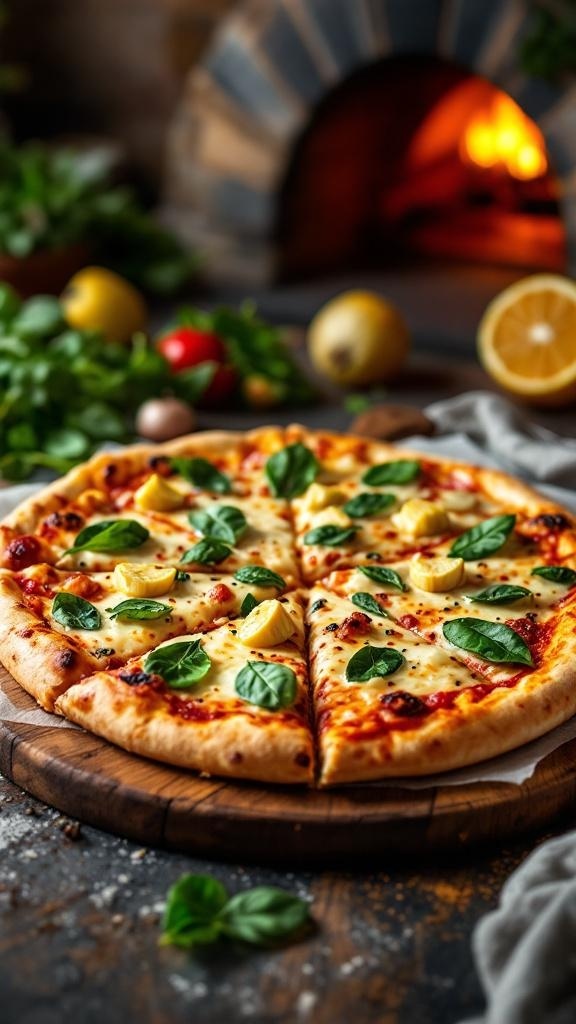A delicious artichoke pizza topped with basil leaves, artichoke hearts, and cheese, with a warm oven in the background.