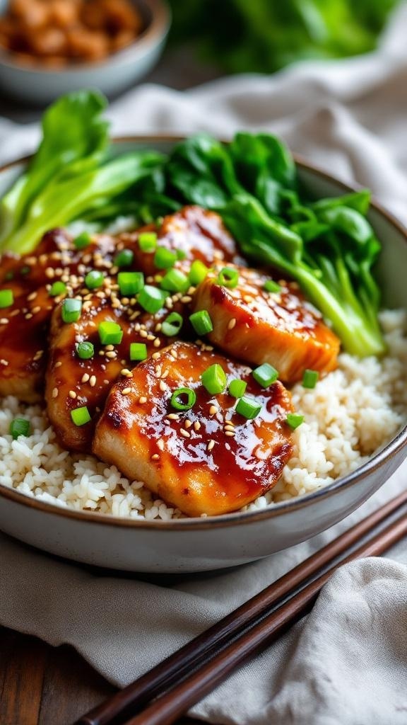 Teriyaki pork chops served with rice and greens