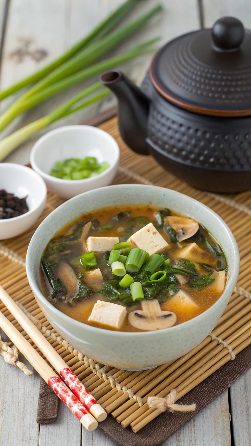 A bowl of Asian-inspired miso vegetable soup with tofu, mushrooms, and green onions, served with chopsticks and a teapot in the background.