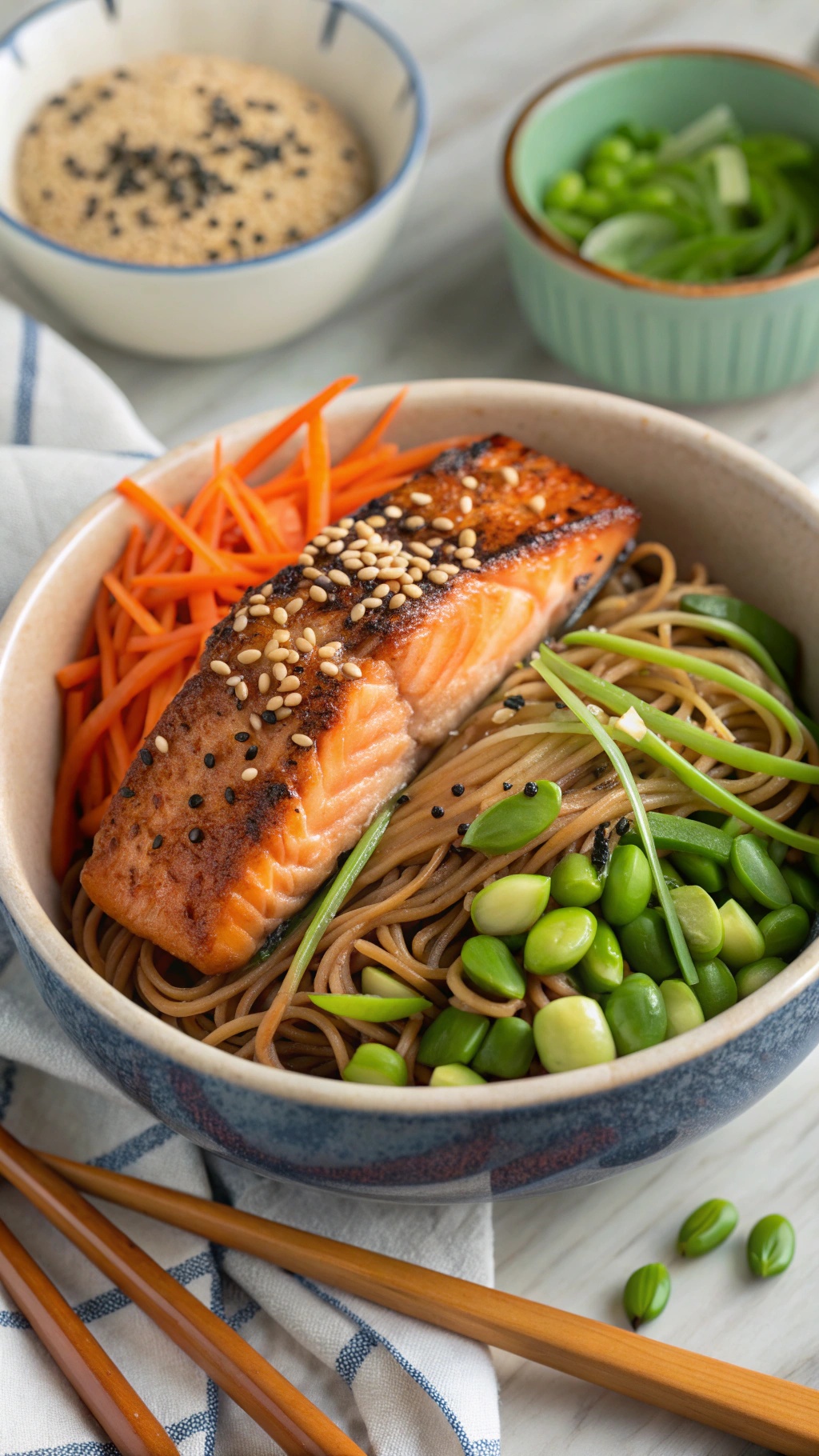 A colorful Asian-inspired salmon bowl featuring salmon, soba noodles, edamame, carrots, and green onions.