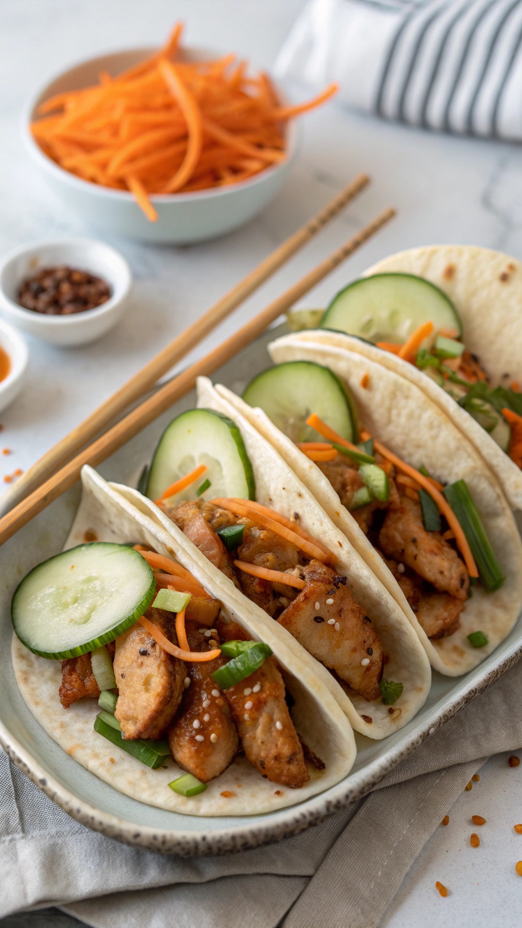 Asian-inspired tacos with teriyaki chicken, cucumbers, and carrots on a plate
