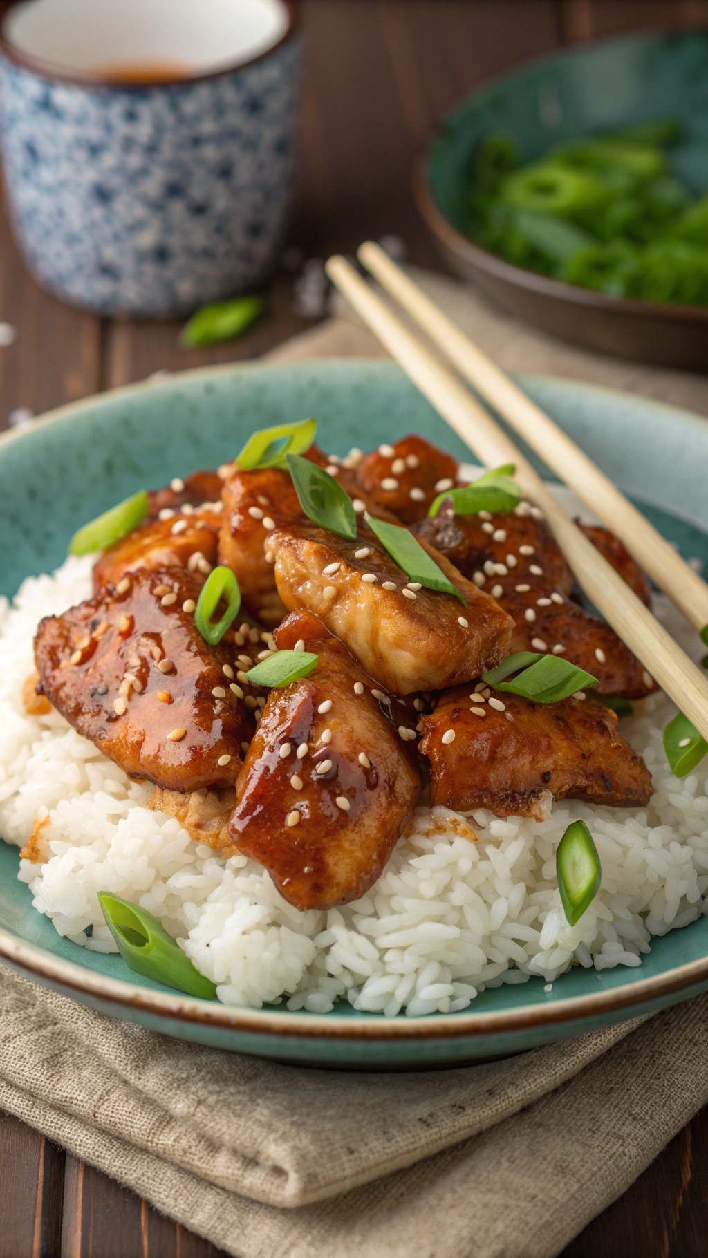 A plate of teriyaki chicken served over rice, garnished with green onions and sesame seeds.