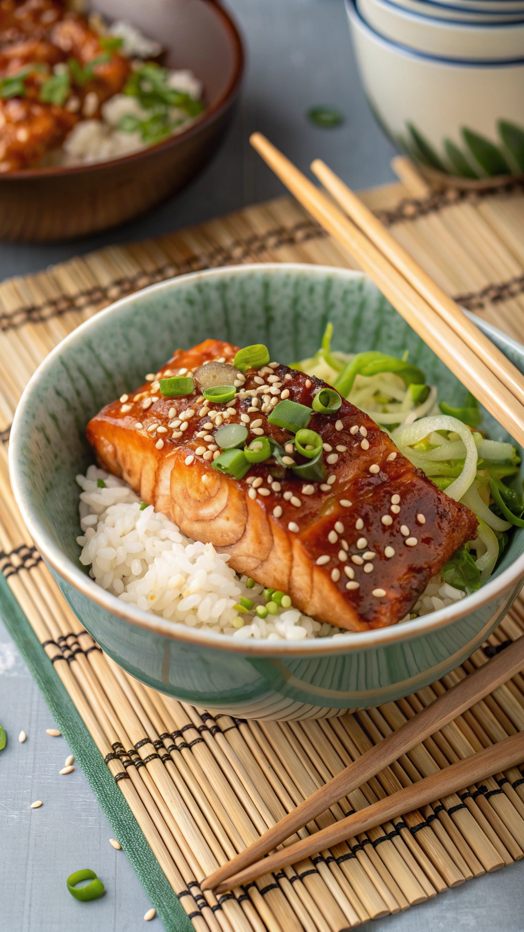 A bowl of teriyaki salmon on rice with green onions and sesame seeds.