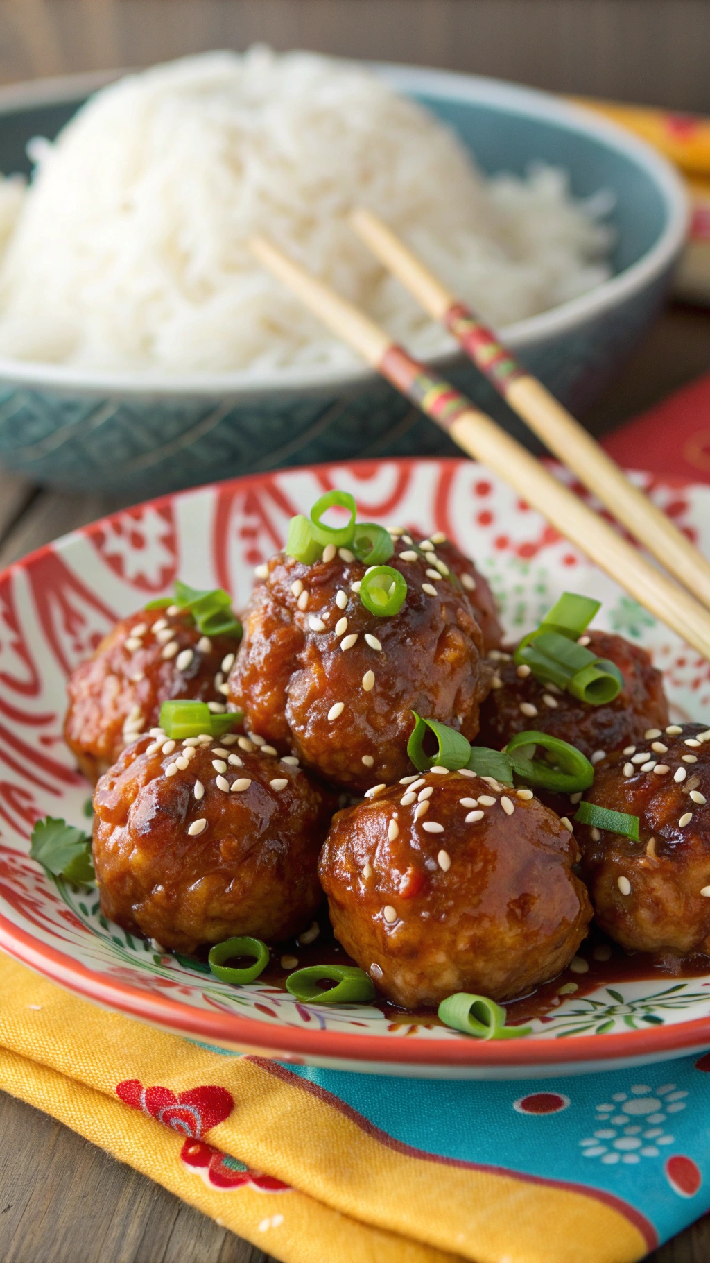 Asian-inspired teriyaki turkey meatballs garnished with green onions and sesame seeds, served with rice.