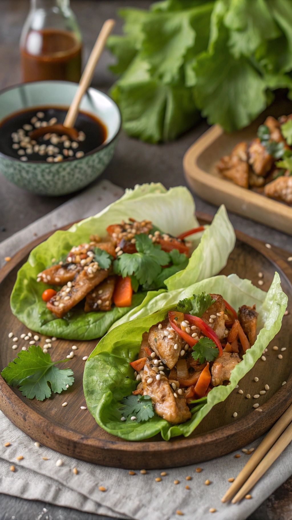 Asian Chicken Lettuce Wraps with chicken, vegetables, and sauce in lettuce leaves