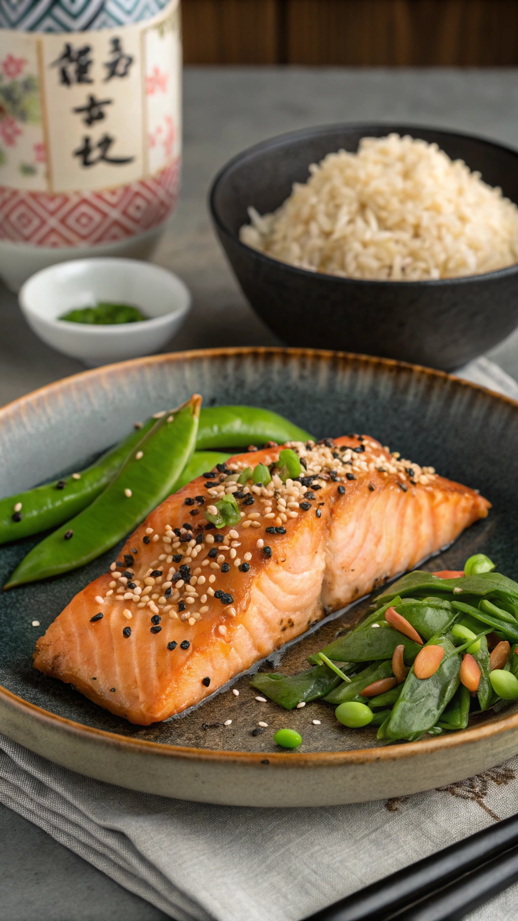 A plate of Asian sesame salmon with snap peas and spinach, served with brown rice.