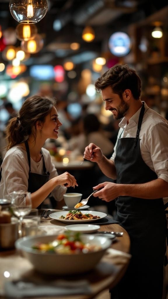 A woman dining at a restaurant, engaging with a server over a meal, surrounded by a cozy atmosphere.