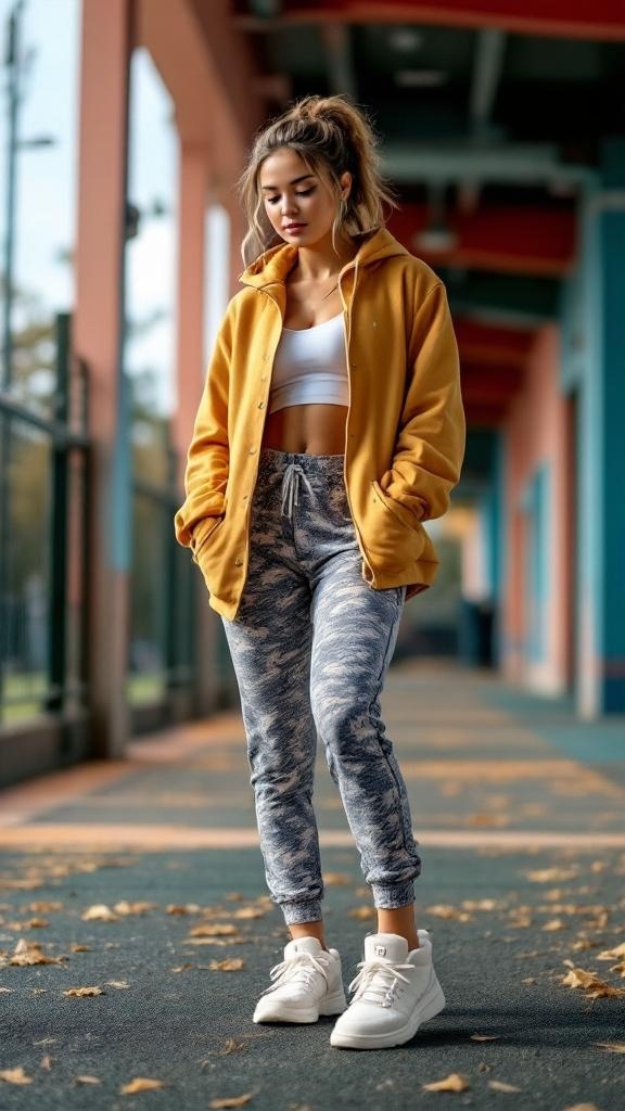 A young woman wearing a yellow hoodie, white crop top, patterned joggers, and Ugg sneakers, standing on a sports track.