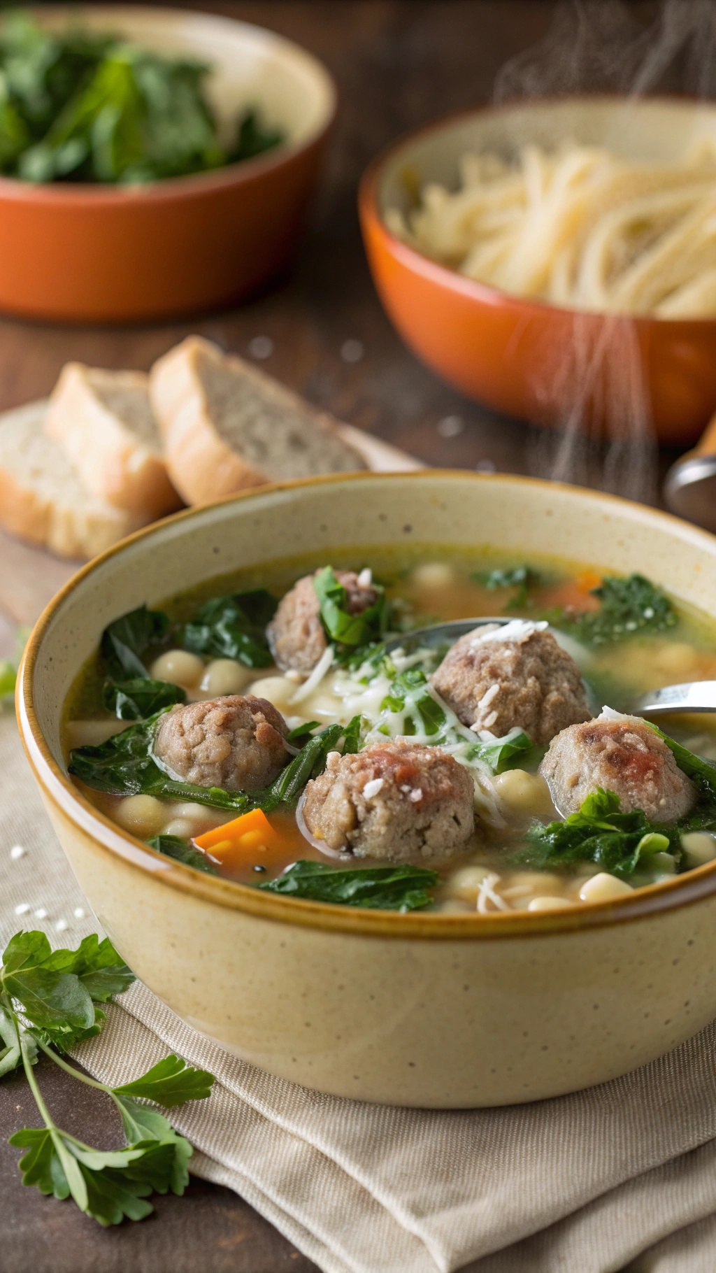 A bowl of Italian Wedding Soup with meatballs, spinach, and pasta, served with slices of bread.
